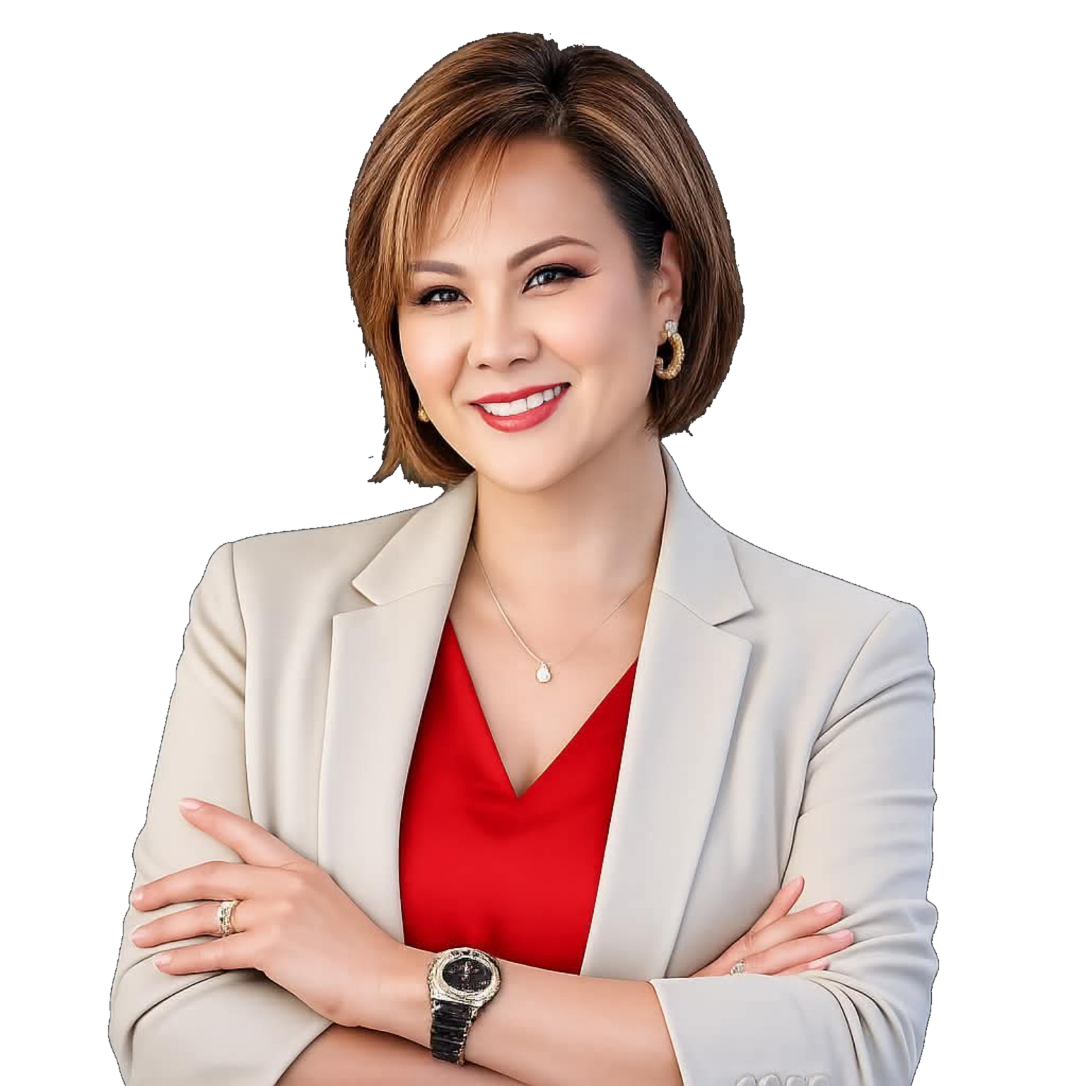 Janice Jimenez in a beige blazer and red blouse
